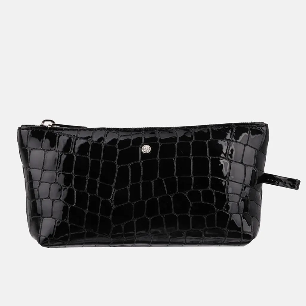 Trousse de toilette noire vernie croco imperméable : stop aux fuites