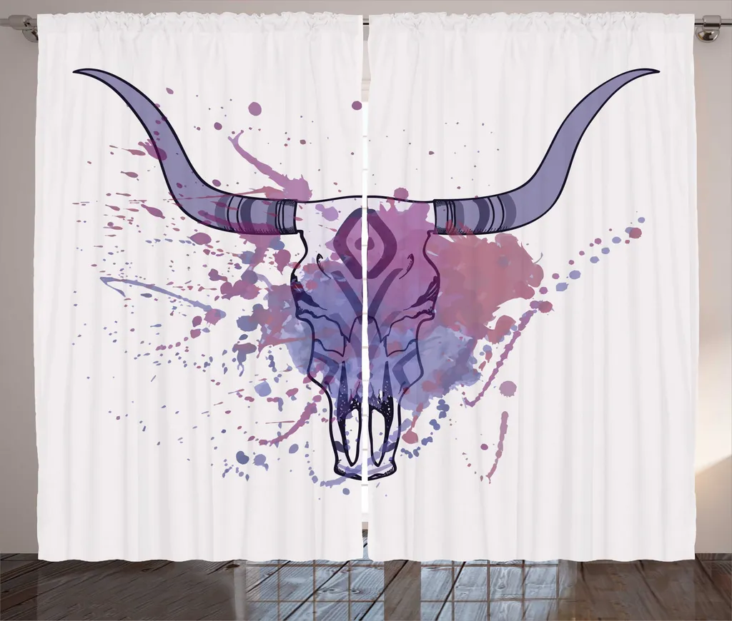 ABAKUHAUS Longhorn Tenda rustica, teschio di toro con schizzi, soggiorno Tende universali con passanti e ganci, 280 x 245 cm, guscio d'uovo e multicolore