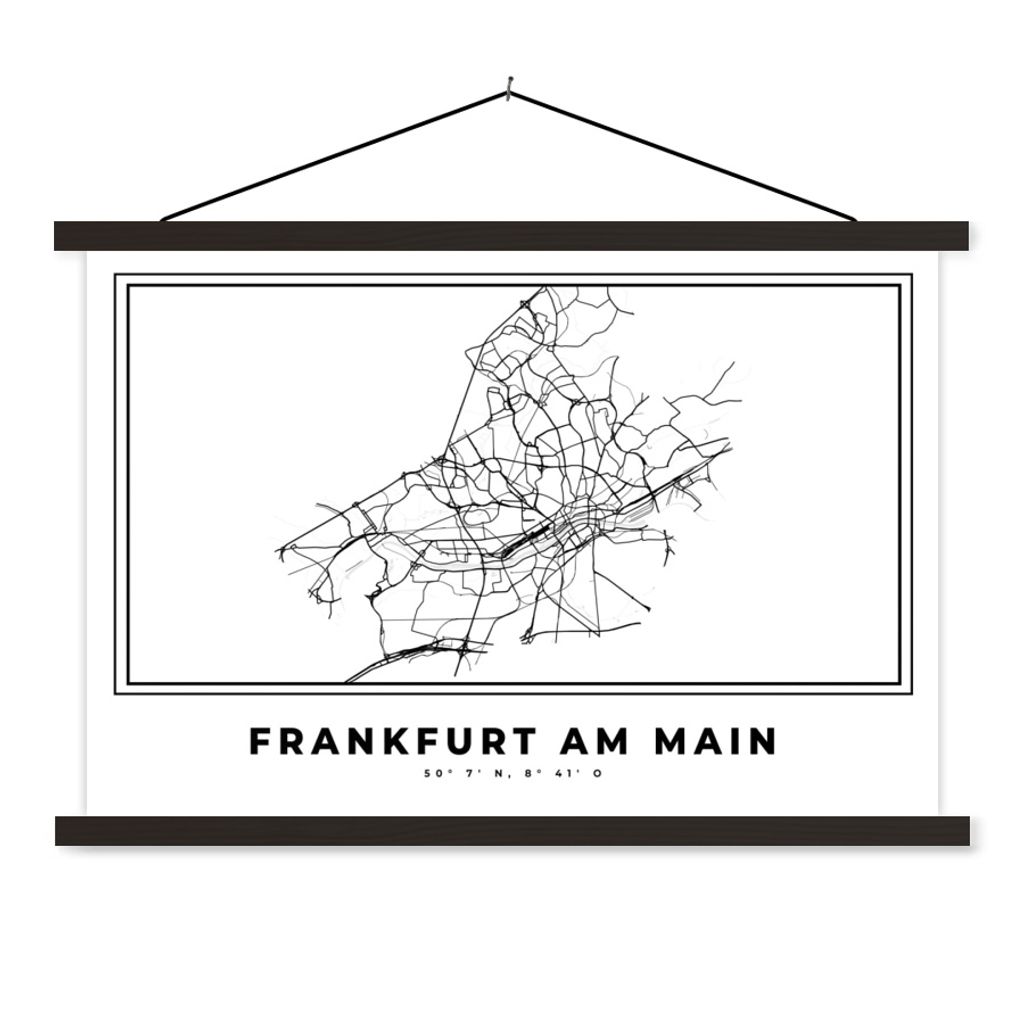 MuchoWow Textilposter Deutschland - Frankfurt am Main - Stadtplan - Karte - Schwarz-weiß - Karte 90x60 cm mit schwarzem Rahmen - Aufhängungssatz
