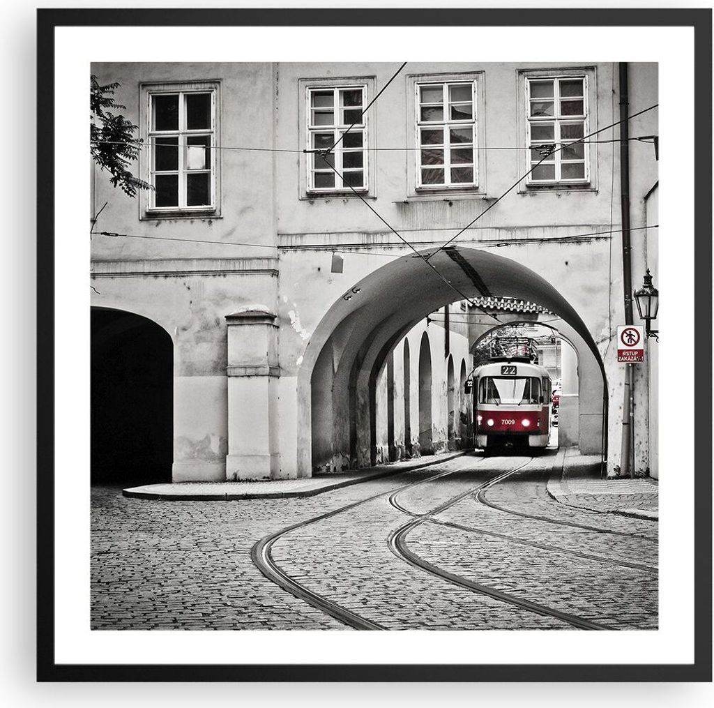 Gerahmtes Poster - Schwarzer Rahmen - Tschechisch Straßenbahn Prag - 60x60 cm - Wand Bild - Wanddeko - Wandbilder - Wandposter - Bilderrahmen - Bi...