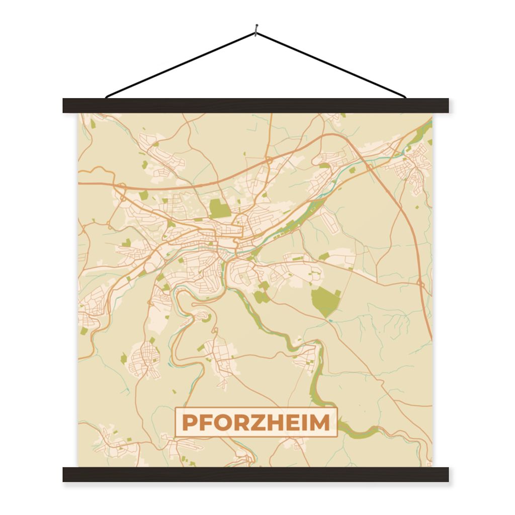 MuchoWow Textilposter Pforzheim - Karte - Vintage - Stadtplan 60x60 cm mit schwarzem Rahmen - Posteraufhänger