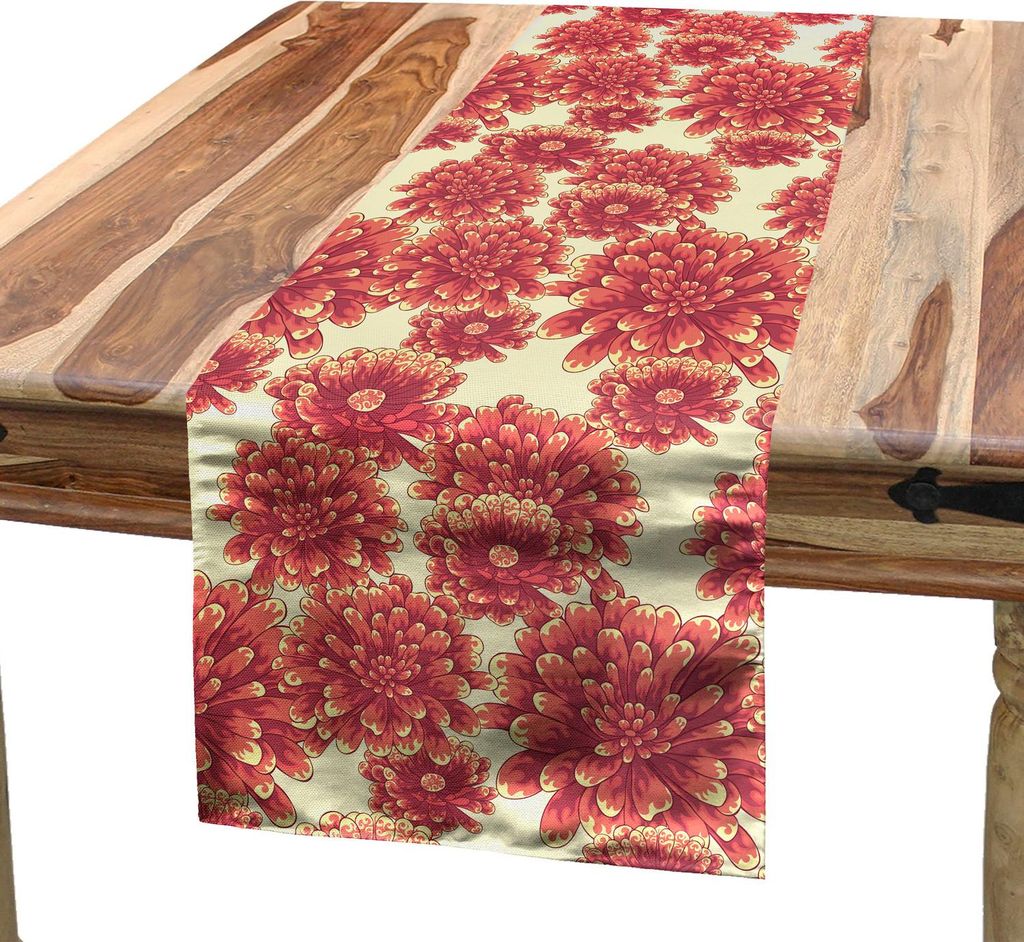 ABAKUHAUS Blumen Tischläufer, Blühende Petals Dahlia Gänseblümchen Frühling Wiese Knospen Girly Retro, 40 x 225 cm, Creme und Dunkel Coral