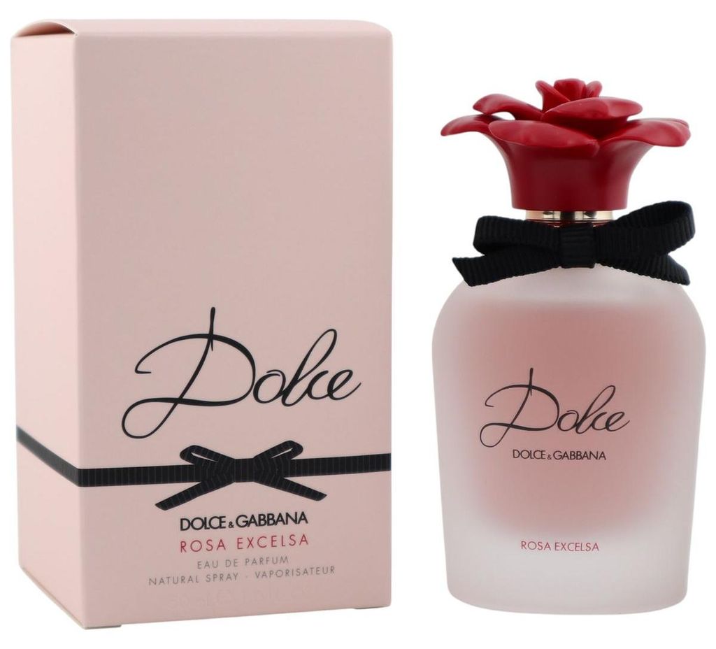 Dolce & Gabbana Dolce Rosa Excelsa Eau de Parfum 50 ml mit rosafarbener Originalverpackung und satiniertem Flakon mit rotem Rosenverschluss.