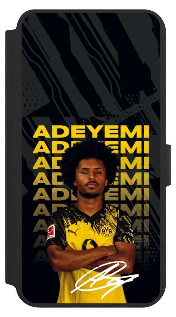 NIVOCASE Klapphülle für Samsung Galaxy S24+ Handyhülle aus Kunst Leder NIVOflip schwarz BVB Borussia Dortmund Karim Adeyemi