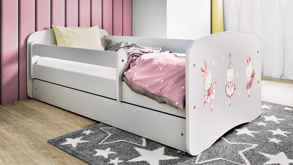 Kinderbett Jugendbett Kaninchen mit Schmetterlingen 70x140, 80x160, 80x180 cm - Komplettset mit Matratze, Schublade & Rausfallschutz