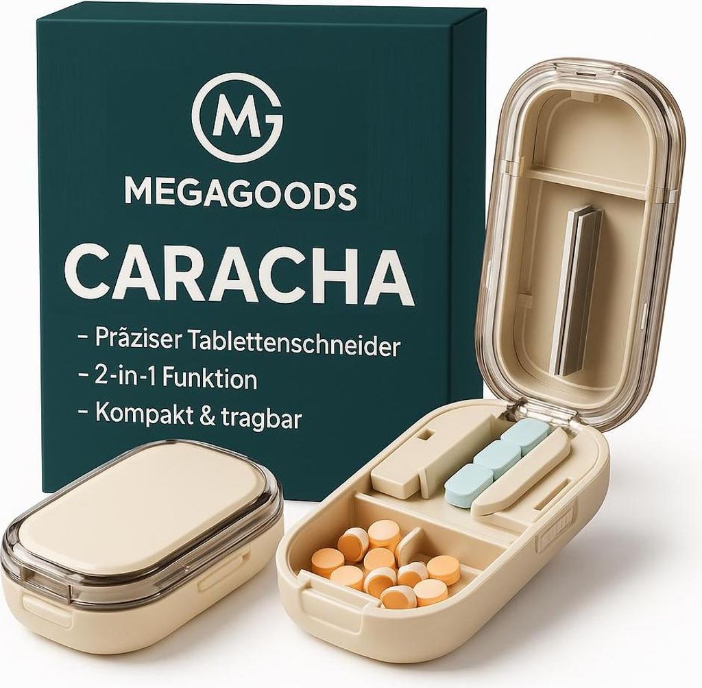 Tablettenzerteiler mit Fach, tragbar und staubdicht, Pillenschneider DE.