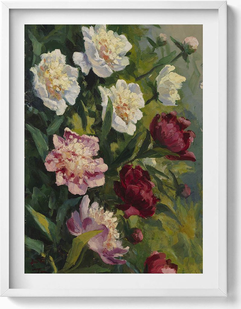 Gemalte schöne Blumen– Wandbild mit Rahmen – Gerahmtes Bild – Wanddekoration – 60x80 cm – Weiß Rahmen