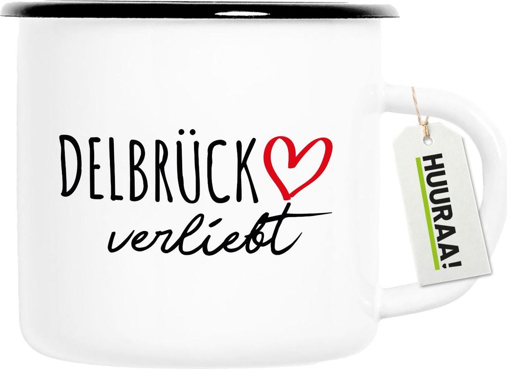 Huuraa Emaille Tasse Delbrück verliebt 300ml Vintage Campingbecher Geschenkidee