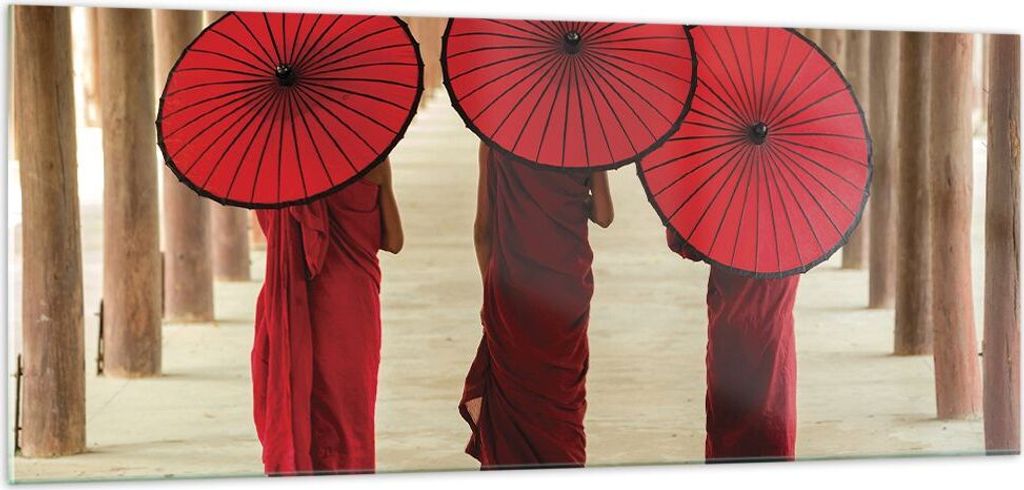 Bilder auf glas - Einteilig - Bhutan Regenschirm Rot - 100x40cm - Glasbilder - Wandbilder - Bilder - zum Aufhängen bereit - Wanddekoration aus Gla...