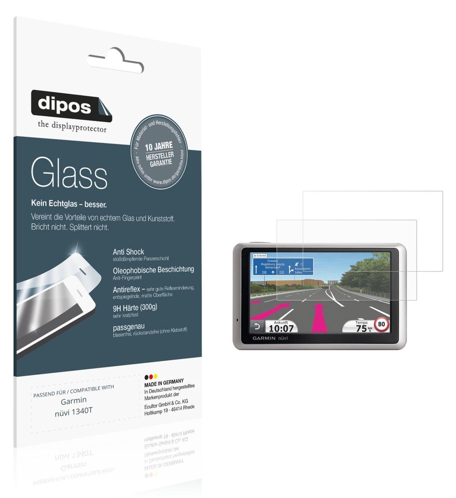 2x Schutzfolie für Garmin nüvi 1340T matt - Anti-Shock 9H Folie dipos Glass Kunststoffglas