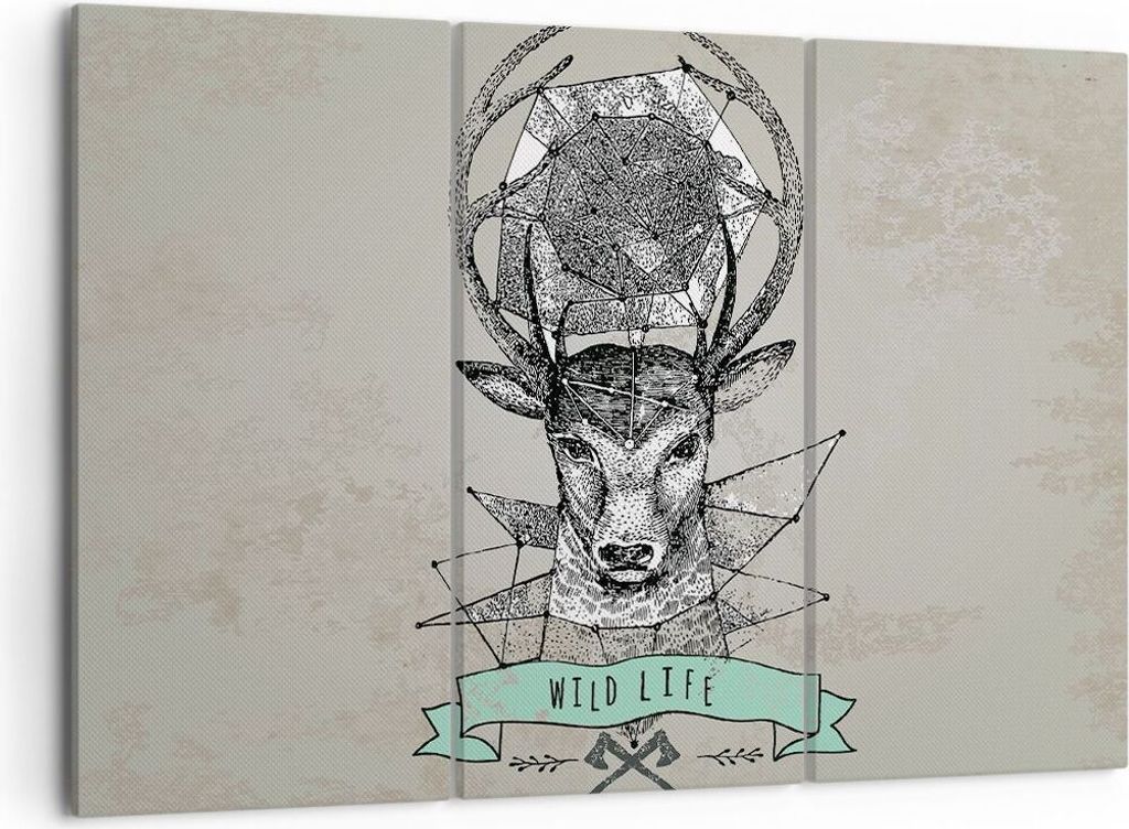 Bild auf Leinwand - Leinwandbild - Hirsch Geweih Wald - 105x70cm - Wand Bild - Wanddeko - Leinwanddruck - Bilder - Kunstdruck - Wanddekoration - Le...