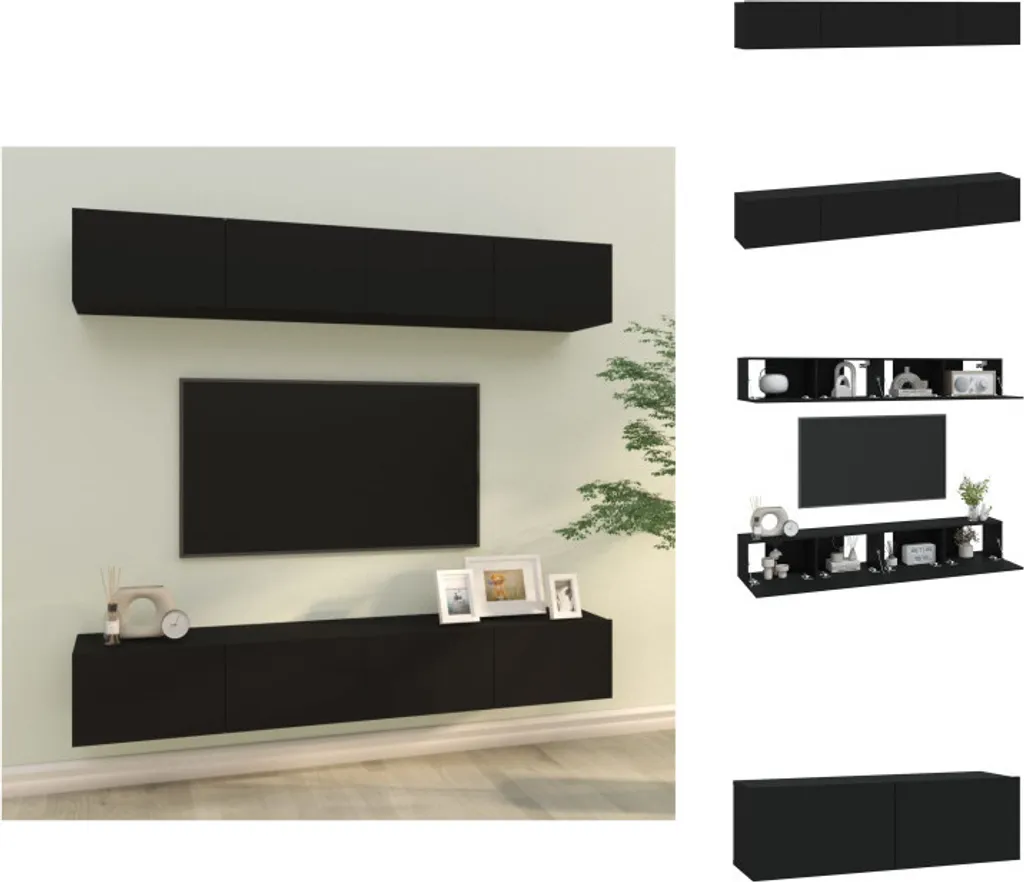 Armoire TV Murale Noire 100x30x30 cm - Design Scandinave et Rangement 4 pcs
