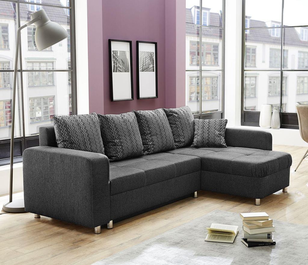 Ecksofa klein mit Schlaffunktion und Bettkasten Grau-Schwarz 235 x 154 cm beidseitig montierbar LYON