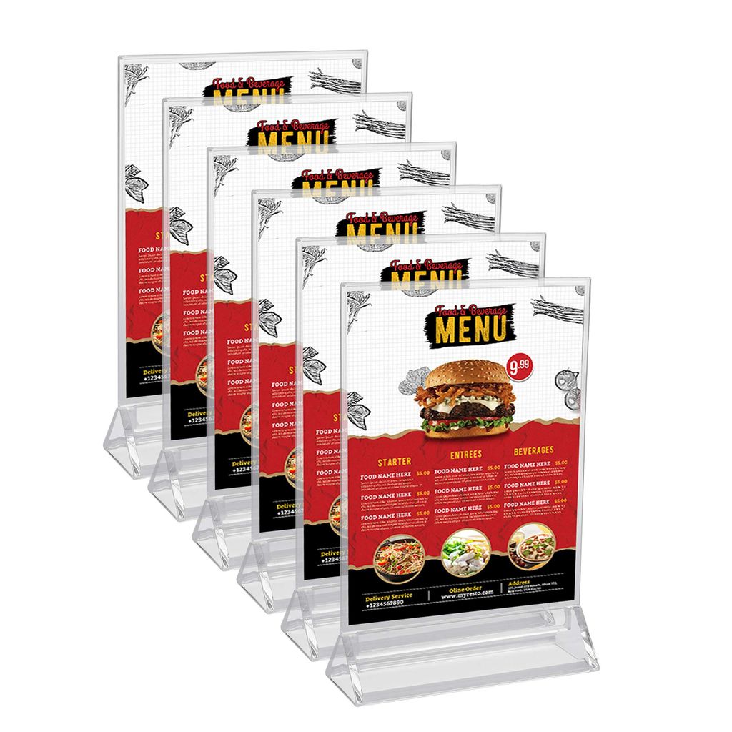 Kurtzy Tischaufsteller A6 (6er Pack) - L11 x H19,5cm - Klarer Kunststoff - Doppelseitige Vertikale Plastik Tisch Aufsteller - Für Restaurant