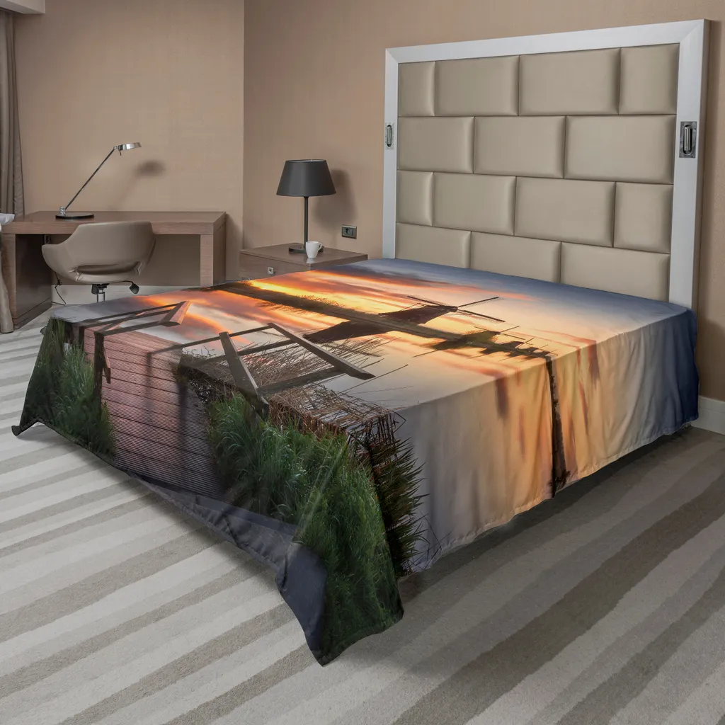 ABAKUHAUS Lenzuolo naturale, paesaggio con famosi mulini a vento tradizionali olandesi sulla foto, lenzuolo morbido e confortevole per un letto decorativo 1 pezzo 266 cm x 260 cm, arancione blu