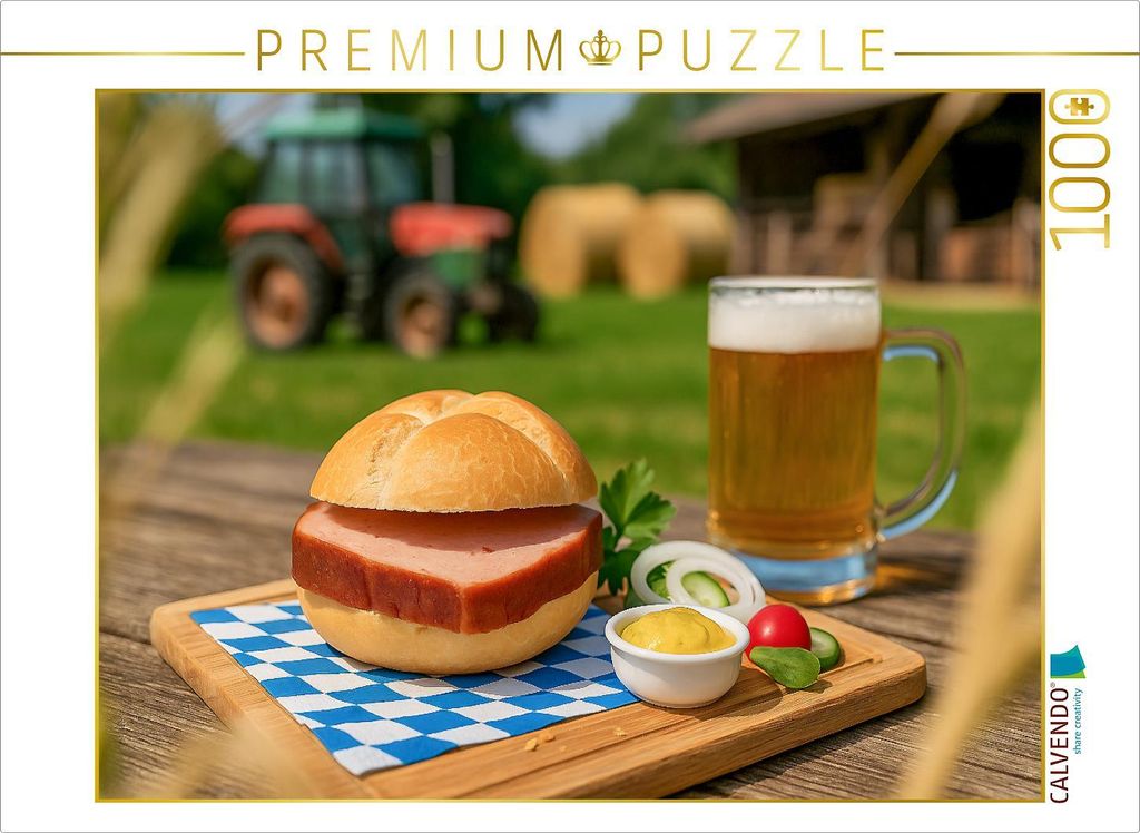 CALVENDO Puzzle Leberkässemmel mit Bier und Senf auf bayerischem Holztisch | 1000 Teile Lege-Größe 64x48cm Foto-Puzzle für glückliche Stunden