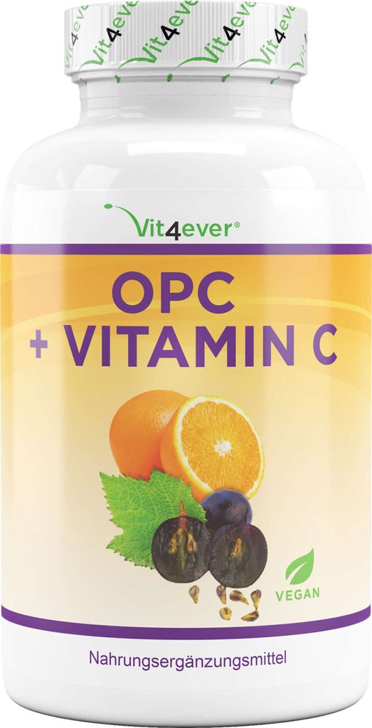 Vit4ever® OPC Traubenkernextrakt + natürliches Vitamin C - 240 Kapseln für 8 Monate - Höchster OPC Gehalt nach HPLC - Laborgeprüftes OPC aus europäischen Weintrauben - Vega