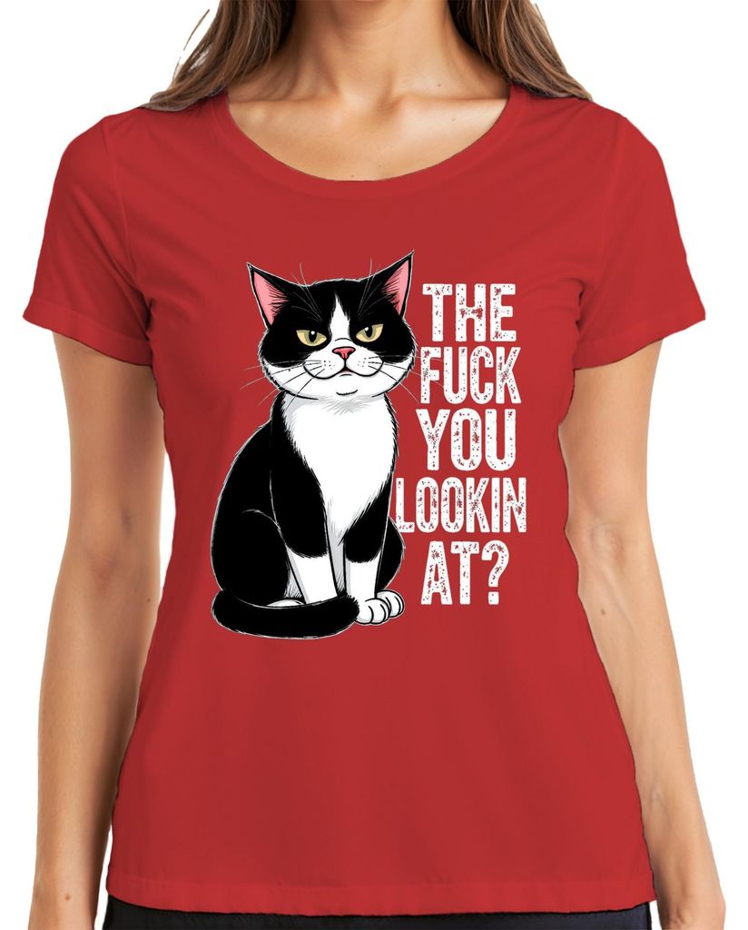 The Fuck You Lookin At Tuxedo Cat Grumpy Sarcastic Geschenk Damen T-Shirt, Rot, 3XL