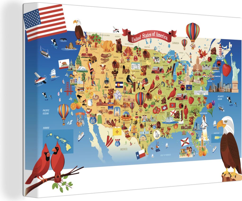 OneMillionCanvasses - Leinwandbilder - 150x100 cm, Eine Illustration einer Cartoon-Karte der USA, Wandbilder Kunstdruck Wanddekoration