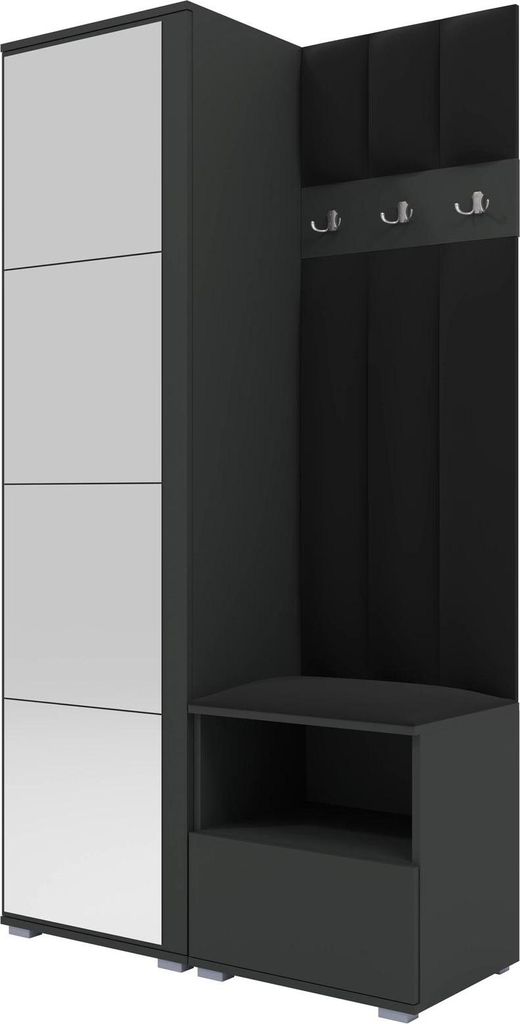 Garderoben-Set Nela I LUX mit Spiegel, gepolsterte Garderobe 100 cm mit Sitzbank, Wandpaneelen und Stauraum (Farbe: Graphit + Trinity 16)