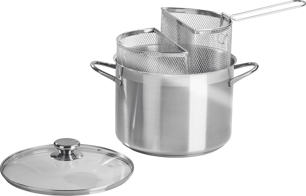 A stainless steel spaghetti and pasta pot with two mesh sieve inserts and a glass lid, shown on a white background.