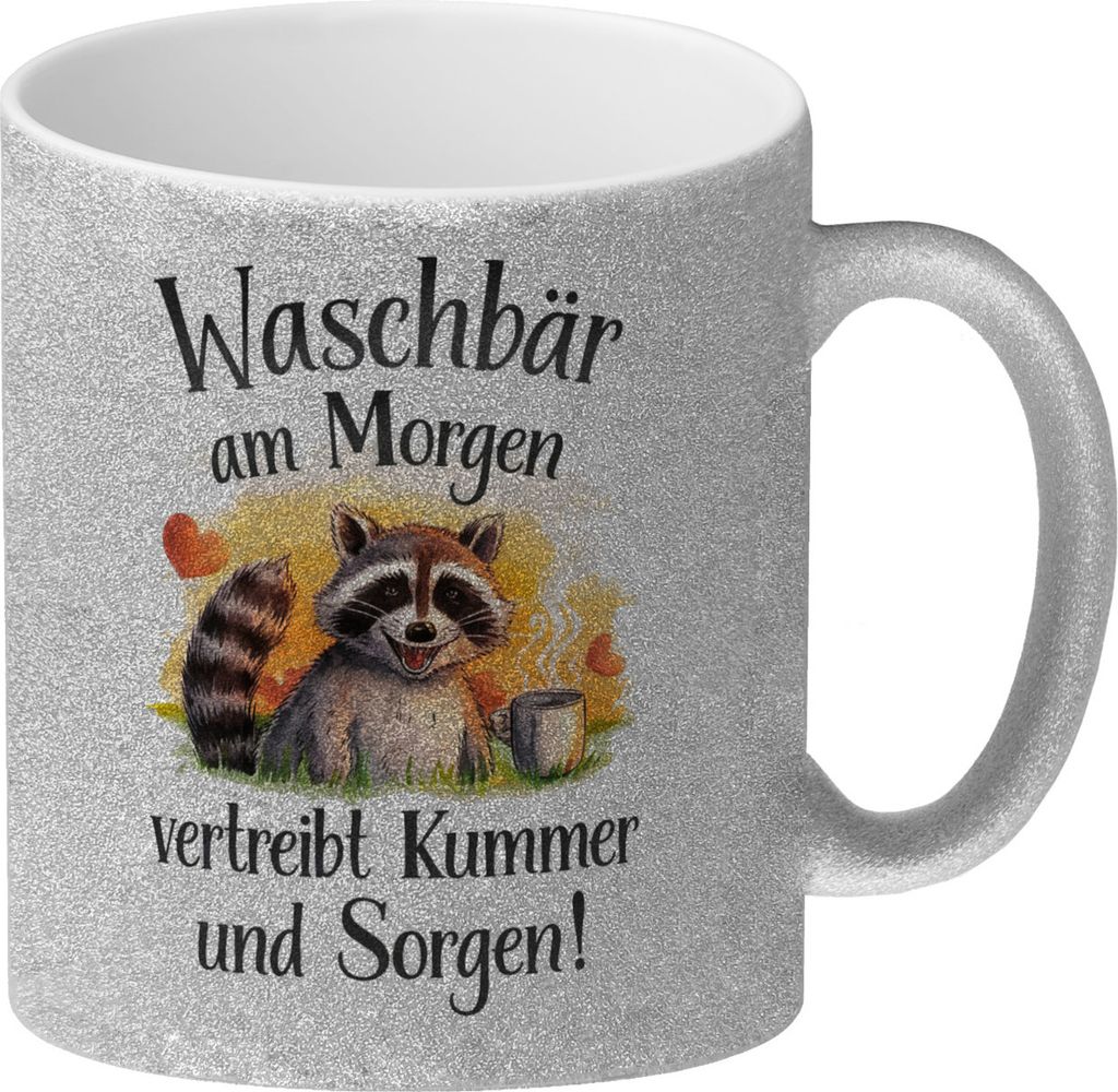 Glücklicher Waschbär mit Tasse Glitzer-Kaffeebecher Waschbär am Morgen