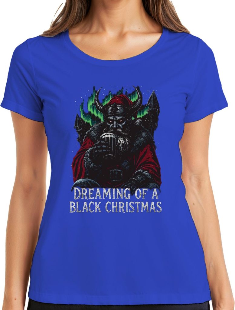 Dreaming of a Black Christmas Viking Santa Norse Aurora Beer Damen T-Shirt, Blau, L