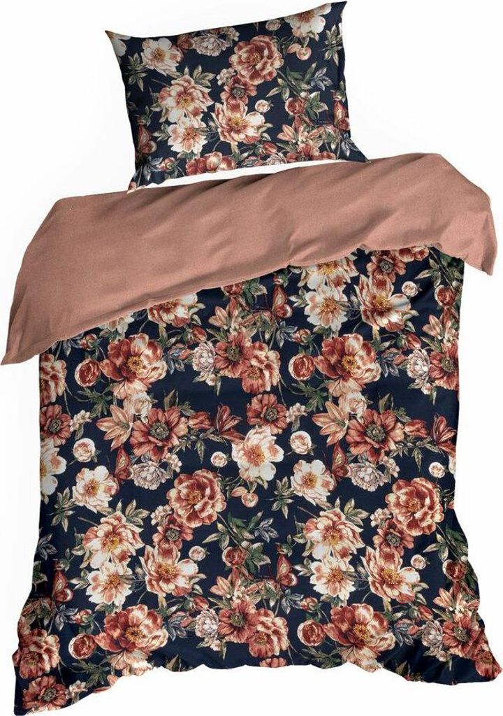 EUROFIRANY | Bettgarnitur - Bettenset - 140 x 200 cm - Dunkelblau Braun - Blumenmuster - Bettwäsche Set - 100% Baumwolle