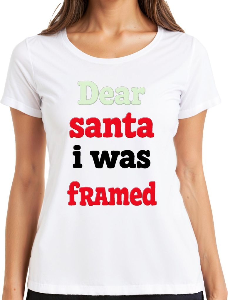 Dear santa i was framed lustig Weihnachten Weihnachtsmann Geschen Damen T-Shirt, Weiß, XL