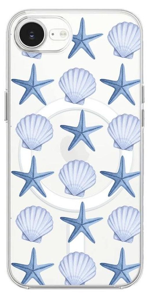 Hartschalenhülle für das iPhone 17e, kompatibel mit MagSafe, transparent, Blaue Seesterne