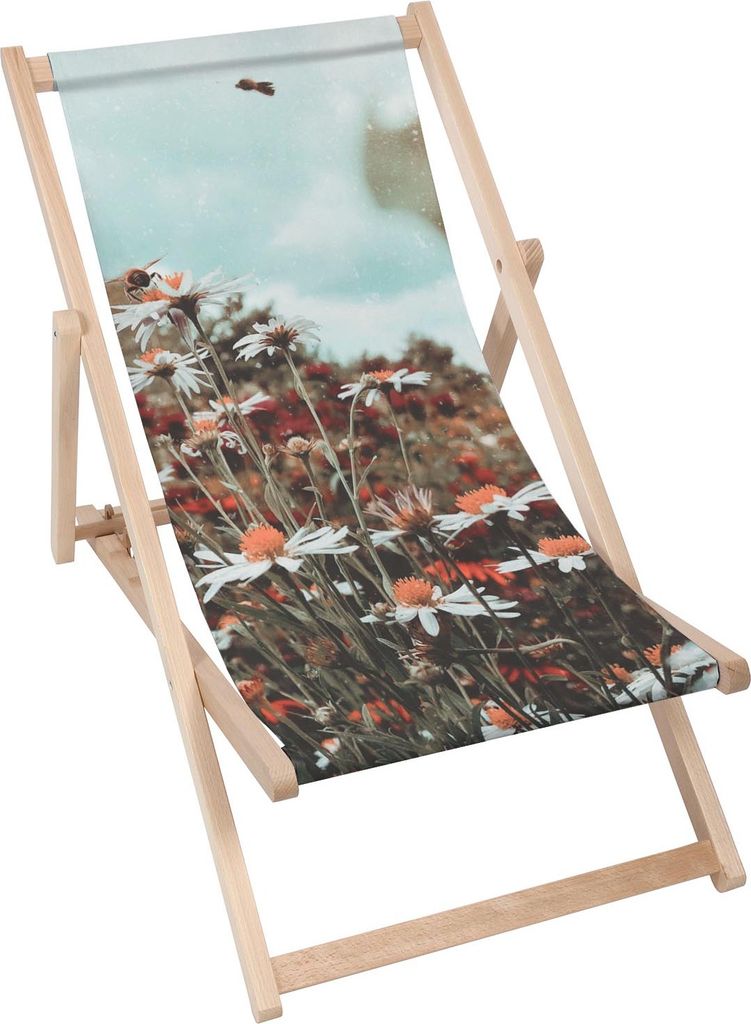 Dreamroots Liegestuhl klappbar Holz, Buchenholz bis zu 130 kg, Sonnenliege klappbar mit 3-stufiger Neigungsregulierung der Rückenlehne, Busy Bee
