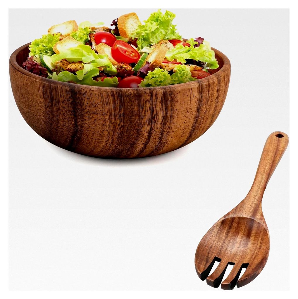 Salatschüssel aus Akazienholz 24 cm, große Rührschüssel mit Rührgabel, Küchenutensilien