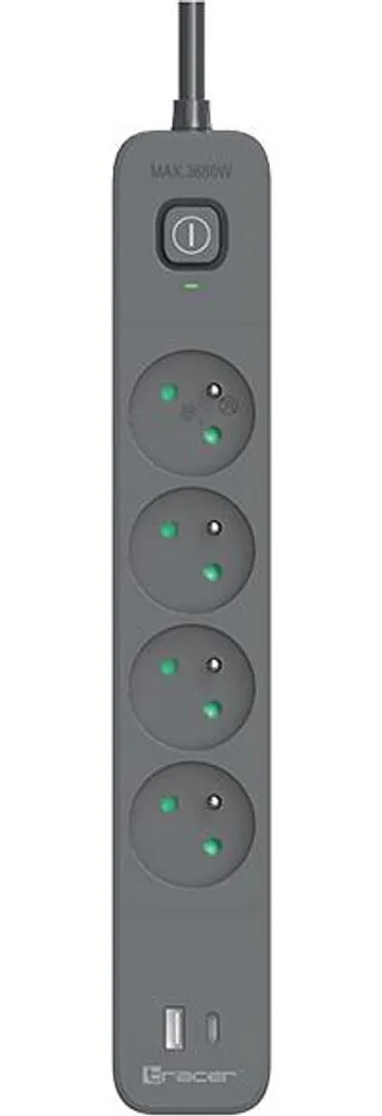 Ciabatta Elettrica Sicura TRACER Power Line+ 4 Prese + USB C 20W