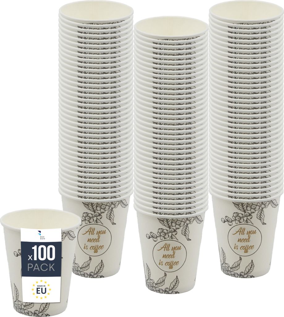 BenBow Kaffeebecher 300 ml x 100, Pappbecher zum Mitnehmen, Einwegbecher für Unterwegs, All You Need Is Coffee, Kaffee Becher für Büro und Kaffe...