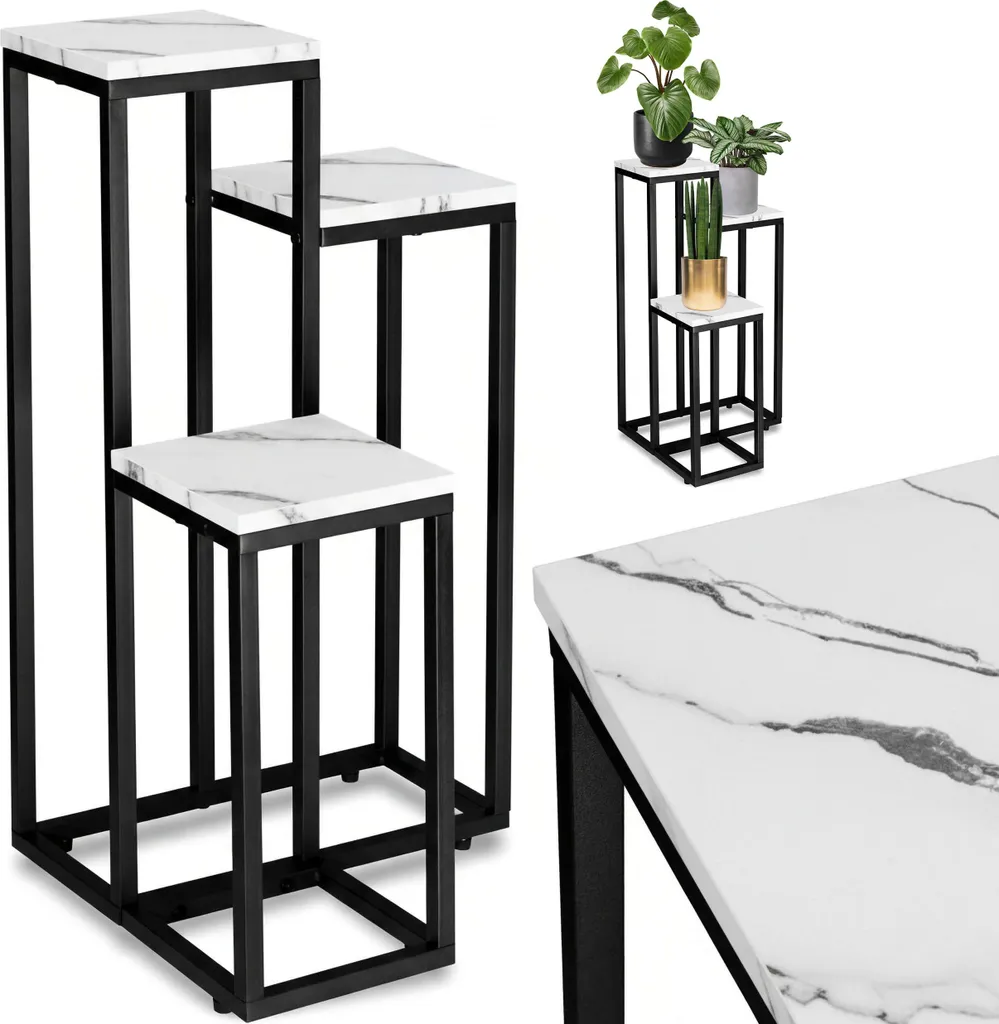 Support plantes 3 plateaux marbre et métal blanc - Stable et décoratif