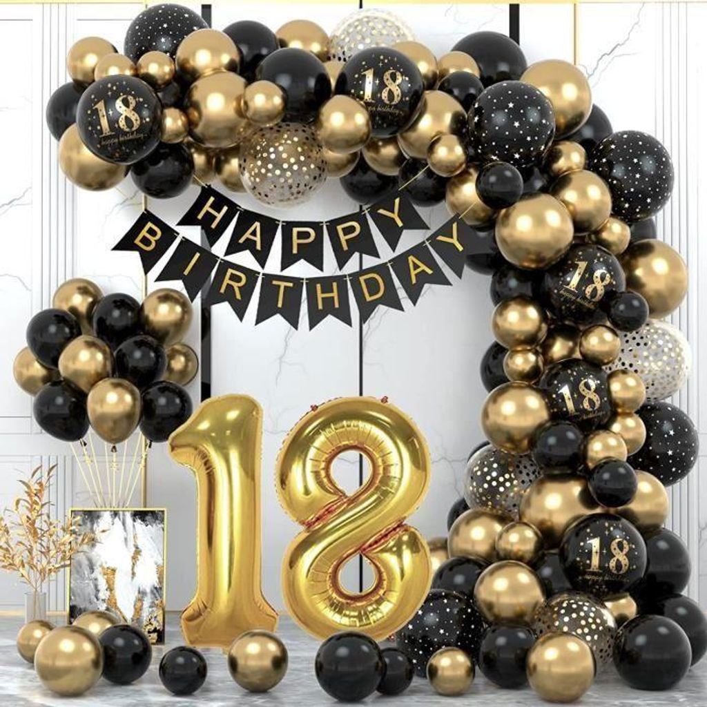 Dekorationen zum 18. Geburtstag, Partydekorationen zum 18. Geburtstag in Schwarz und Gold, Ballonbogen-Set für Geburtstage, Ballons in Schwarz und...
