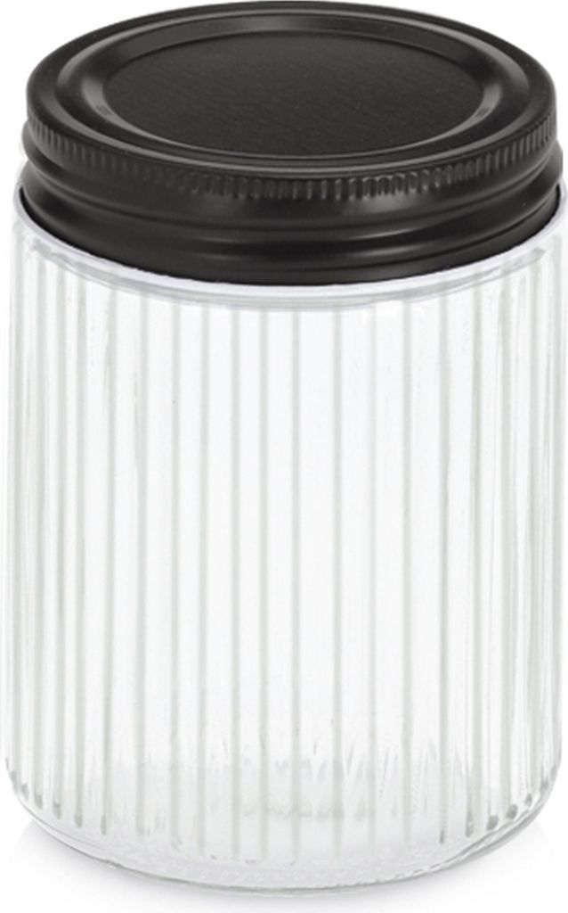 A clear studio shot of a glass jar with a black metal lid.