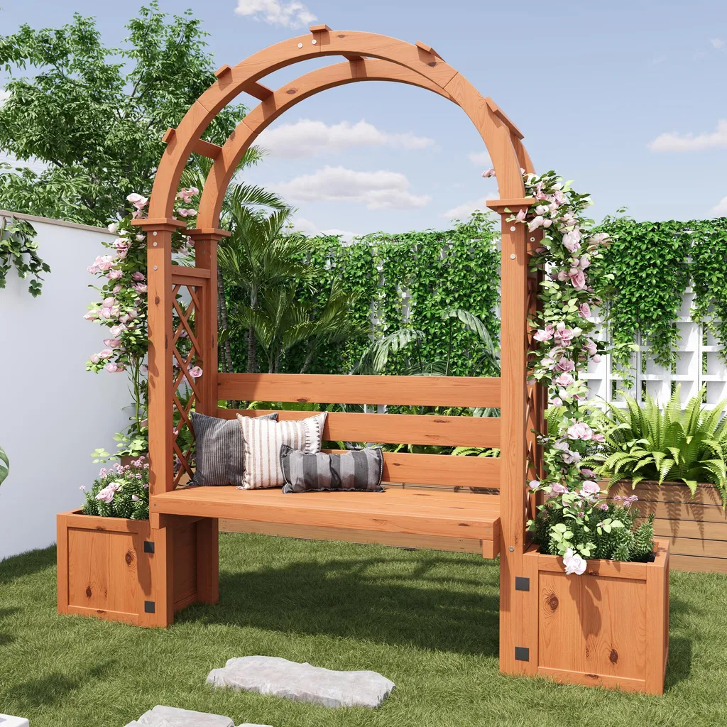Merax Bac à Plantes avec Treillis et Banc en Sapin Massif - 180x40x170cm
