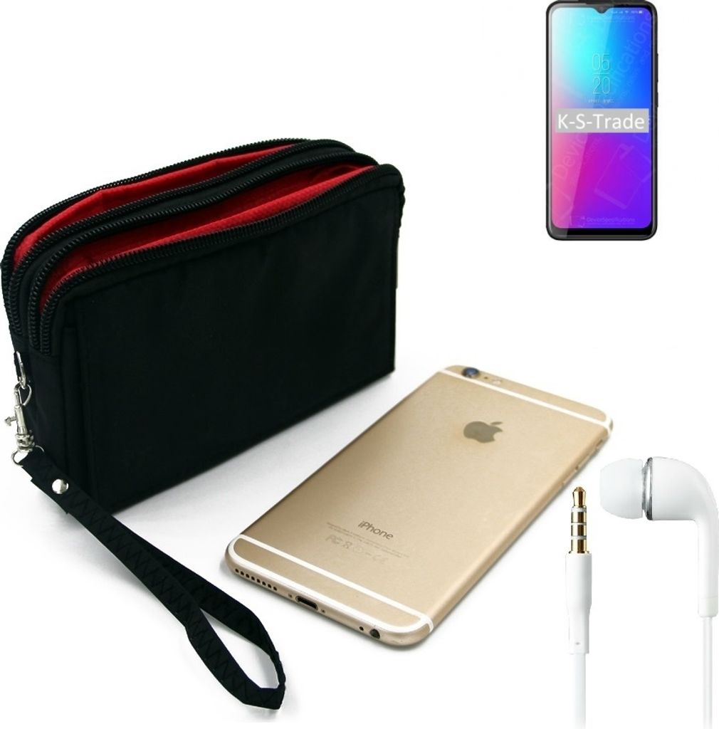 TOP SET kompatibel mit Blackview BV5100 Pro Handy Hülle Gürteltasche schwarz + Kopfhörer Travel Bag Travel-Case mit Diebstahlschutz praktische