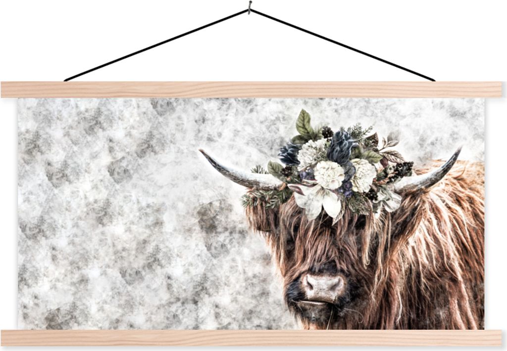 MuchoWow Textilposter Schottisches Hochlandrind - Rosen - Rauch 60x30 cm mit holzfarbenen Rahmen - Dekoration