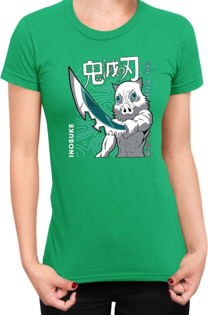 Damen T-Shirt Demon Anime Slayer Kimetsu No Yaiba Inosuke Hashibara 004, Lady S / Grün
