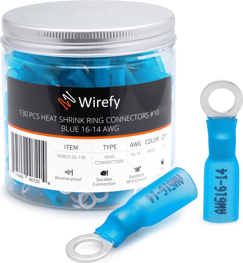 Wirefy Blaue Ringkabelschuhe Schrumpfverbinder M5 - Lötfreie Kabelschuhe Sortiment - Ringkabelschuh Quetschverbinder 1,5-2,5 mm² - 130 Stück