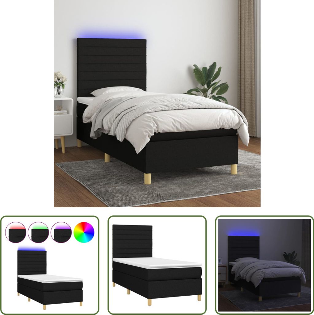 The Living Store Boxspringbett mit Matratze & LED Schwarz 100x200 cm Stoff