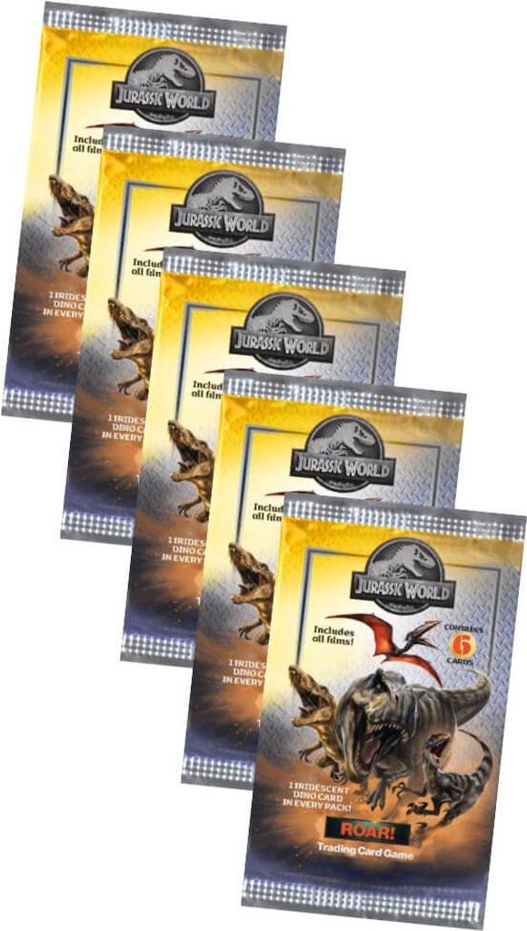 A stack of Jurassic World trading card booster packs.