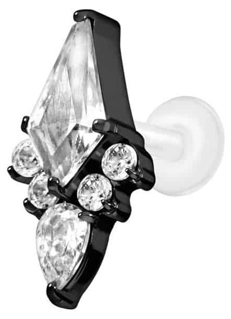Ohrpiercing, Nasenpiercing PTFE Labret mit Innengewinde + Titan-Aufsatz KRISTALLSCHILD Schwarz Stablänge: 7mm | Stabstärke: 1,2mm