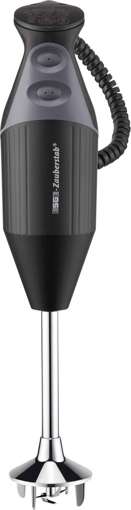 A black and silver immersion blender with a coiled cord.