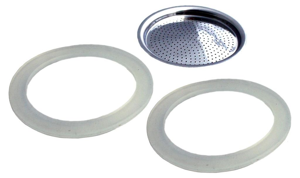 Two rubber gaskets and a metal coffee filter basket shown against a white background.