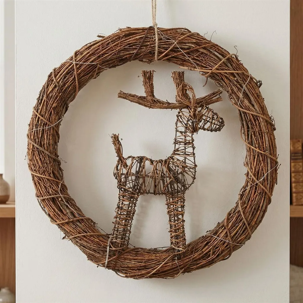 Grande Couronne de Porte Noël Lumineuse Renne en Bois Naturel 44 cm