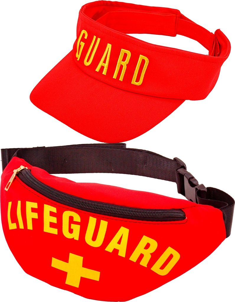 A red lifeguard visor and a red fanny pack are displayed against a white background.
