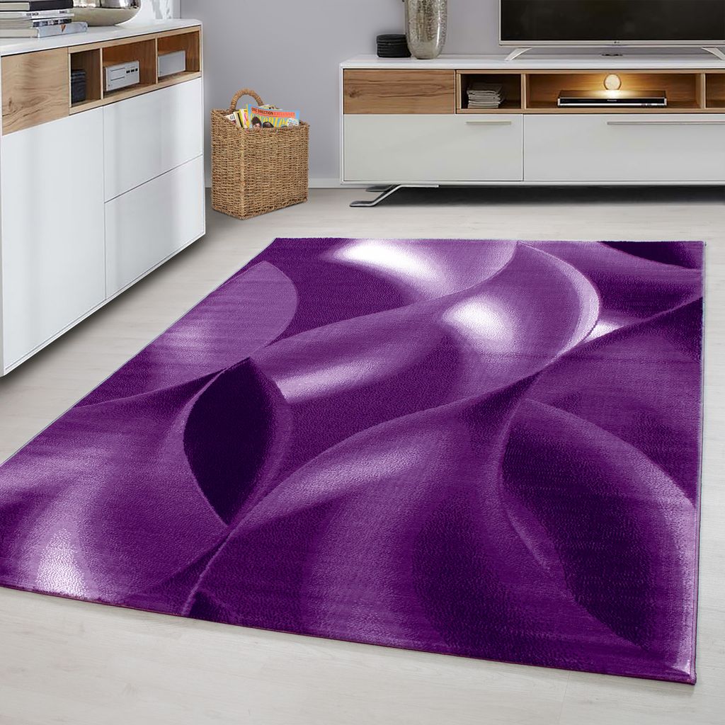 Teppich modern Designer Kurzflor Marmor Optik Linien Muster Schwarz Lila Meliert 